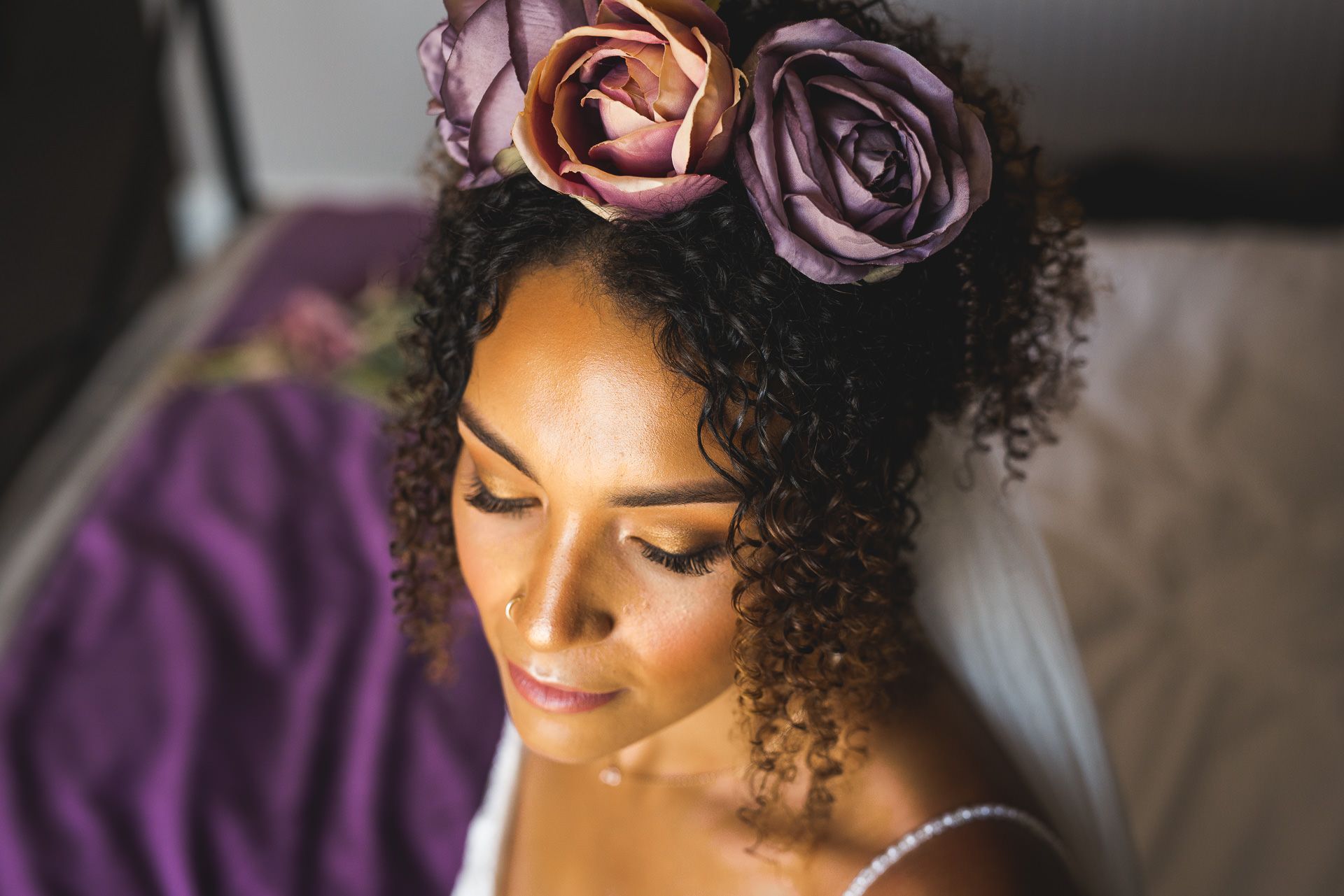 bridal portrait from showing the brides floral tiara